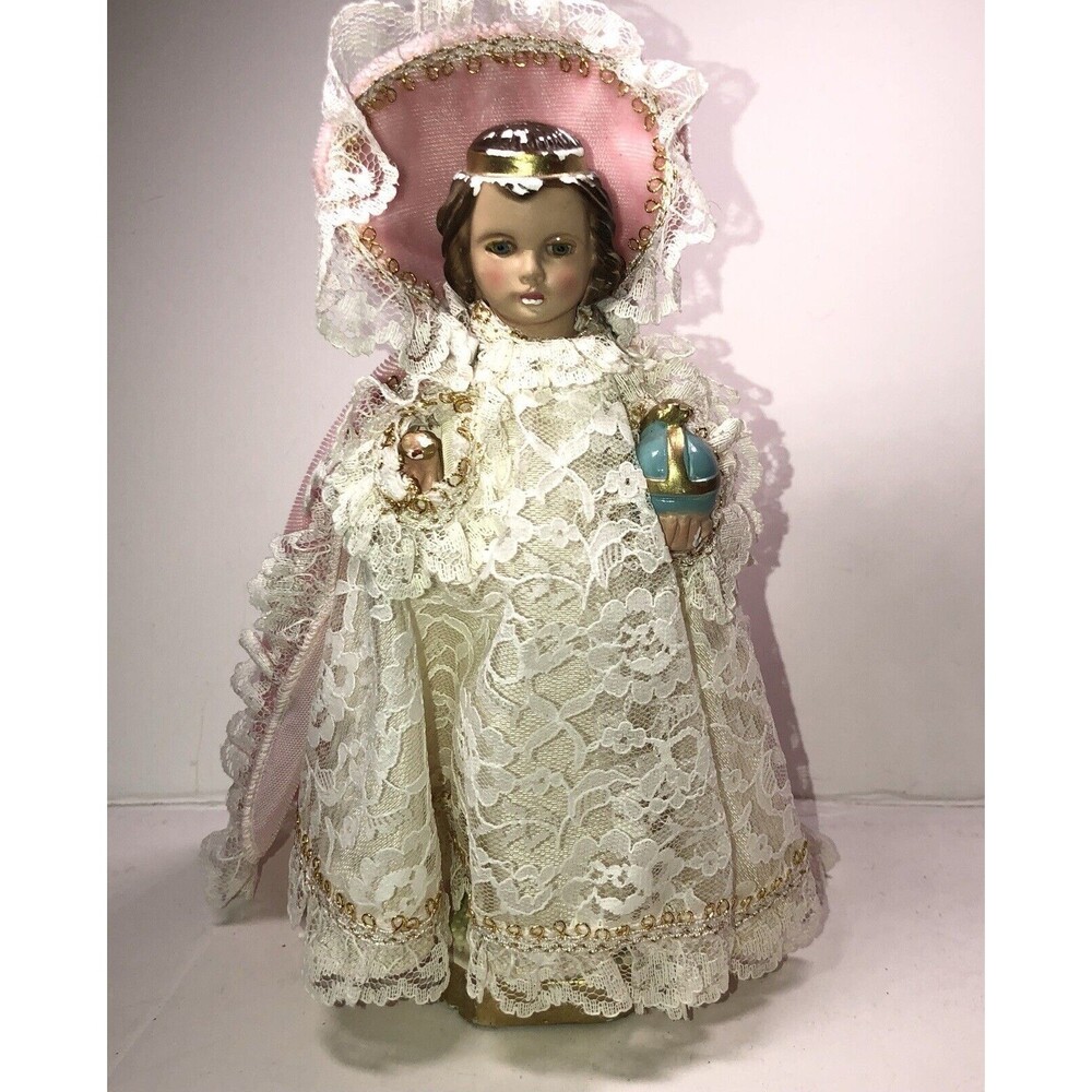Vintage Infant of Prague Jesus Statue Pink  Vestment 8” Italy Columbia Statuary